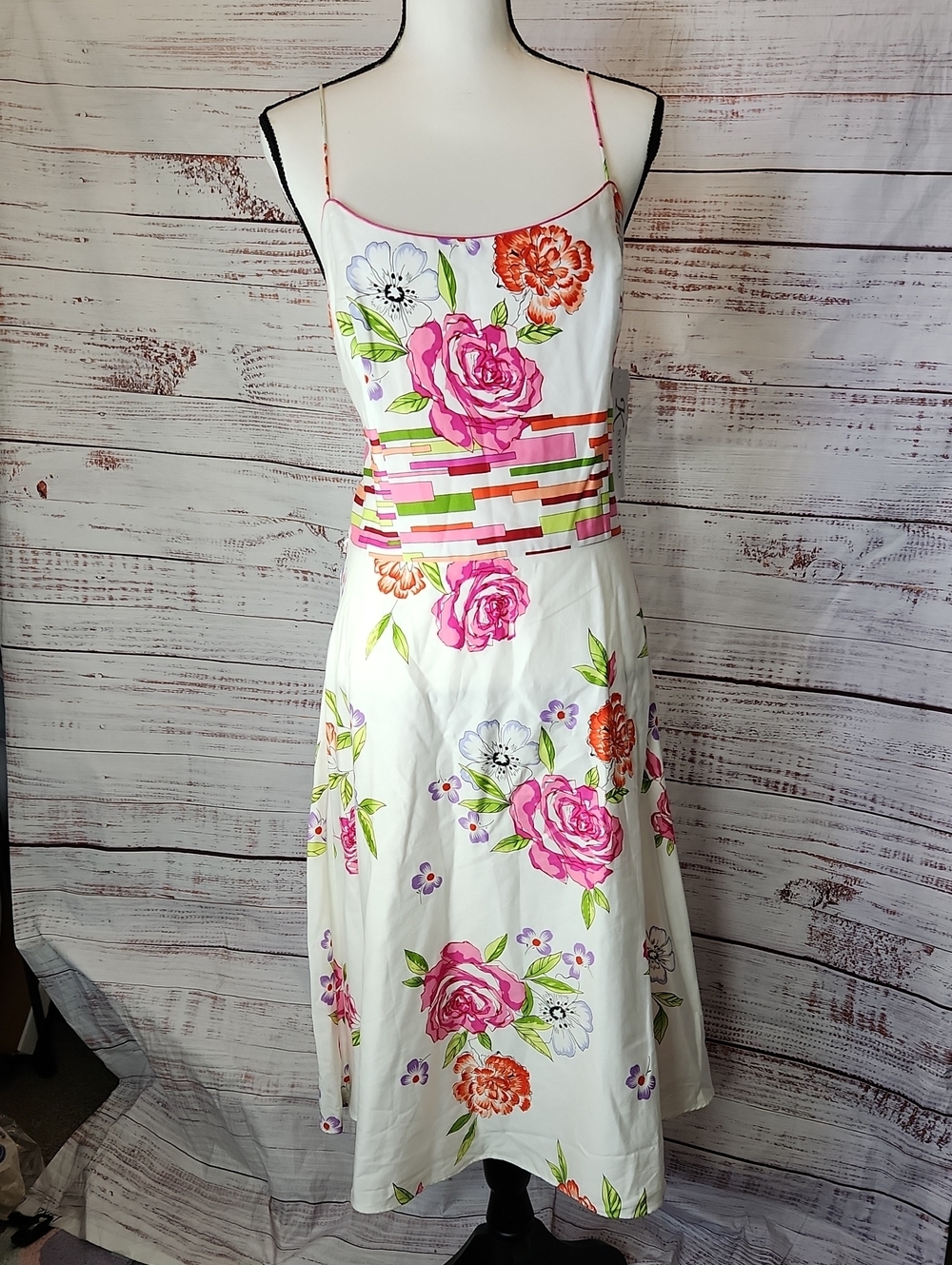 Floral White Spaghetti-Strap Sundress with Pink Roses